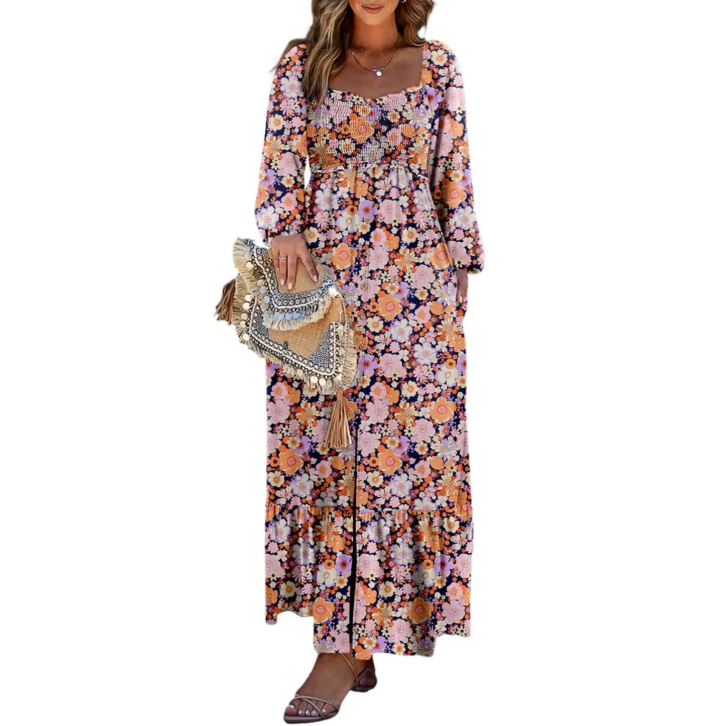 Dokotoo Womens Boho Floral Dress with Smocked Empire Waist and Long Sleeves