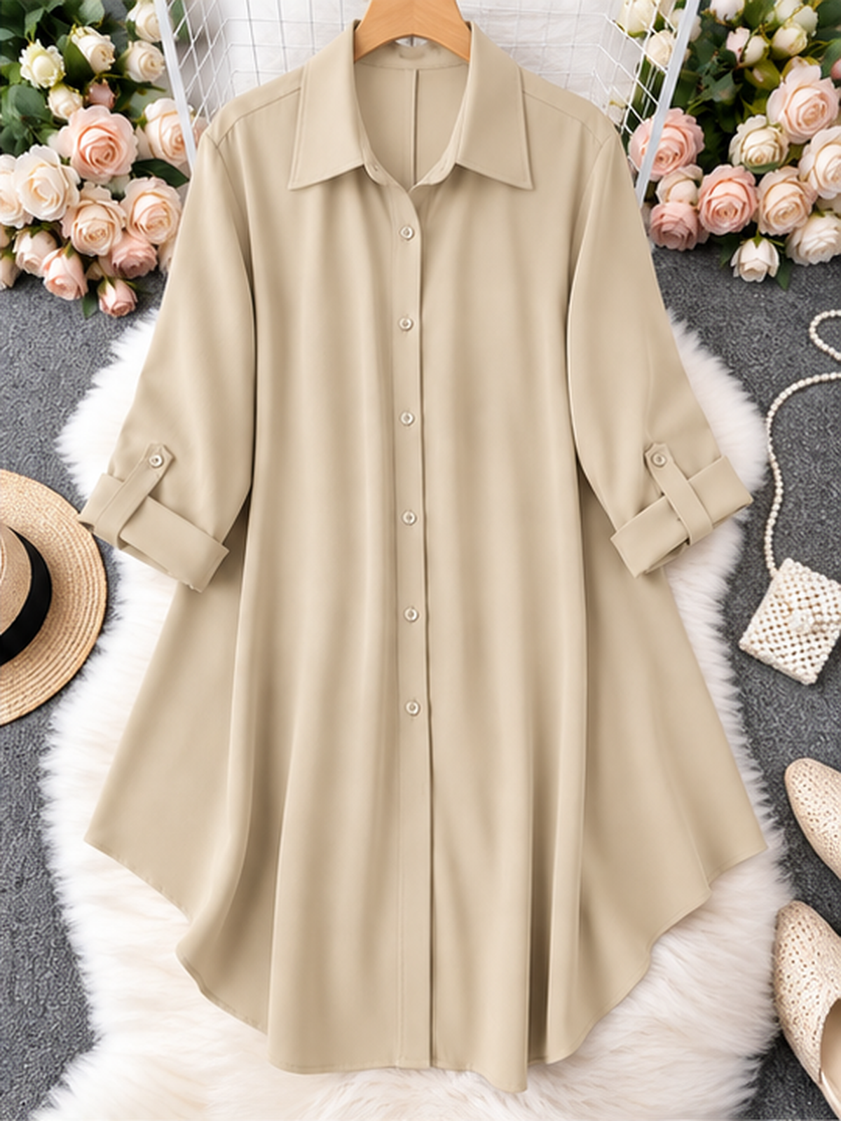 Plus-Size Solid Long Sleeve Button Up Blouse for Spring & Fall