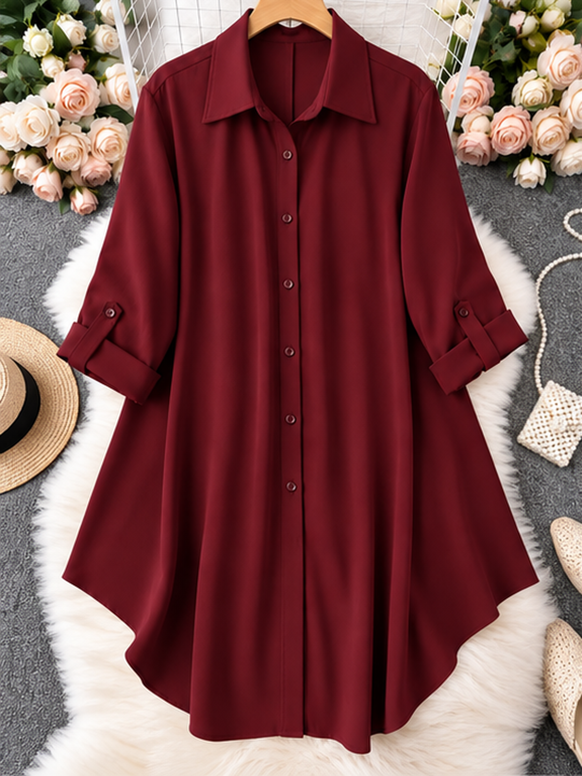 Plus-Size Solid Long Sleeve Button Up Blouse for Spring & Fall
