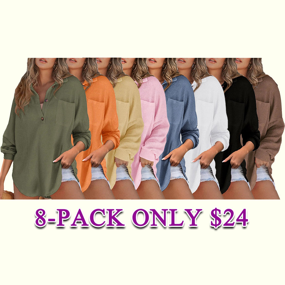 💥Last Day🔥Women's Oversized Waffle Henley Shirt Button V-Neck Long Sleeve Mesh Knit Tunic Blouse