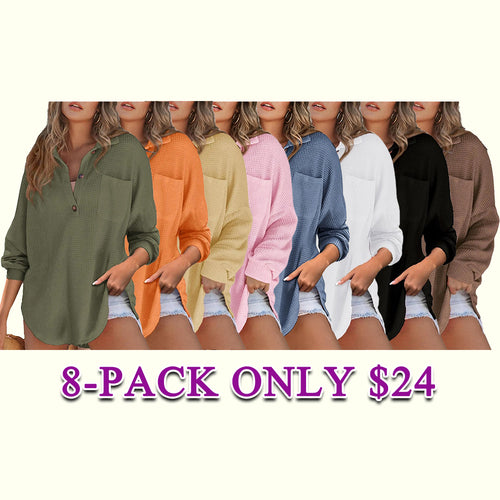 💥Last Day🔥Women's Oversized Waffle Henley Shirt Button V-Neck Long Sleeve Mesh Knit Tunic Blouse