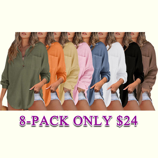 💥Last Day🔥Women's Oversized Waffle Henley Shirt Button V-Neck Long Sleeve Mesh Knit Tunic Blouse