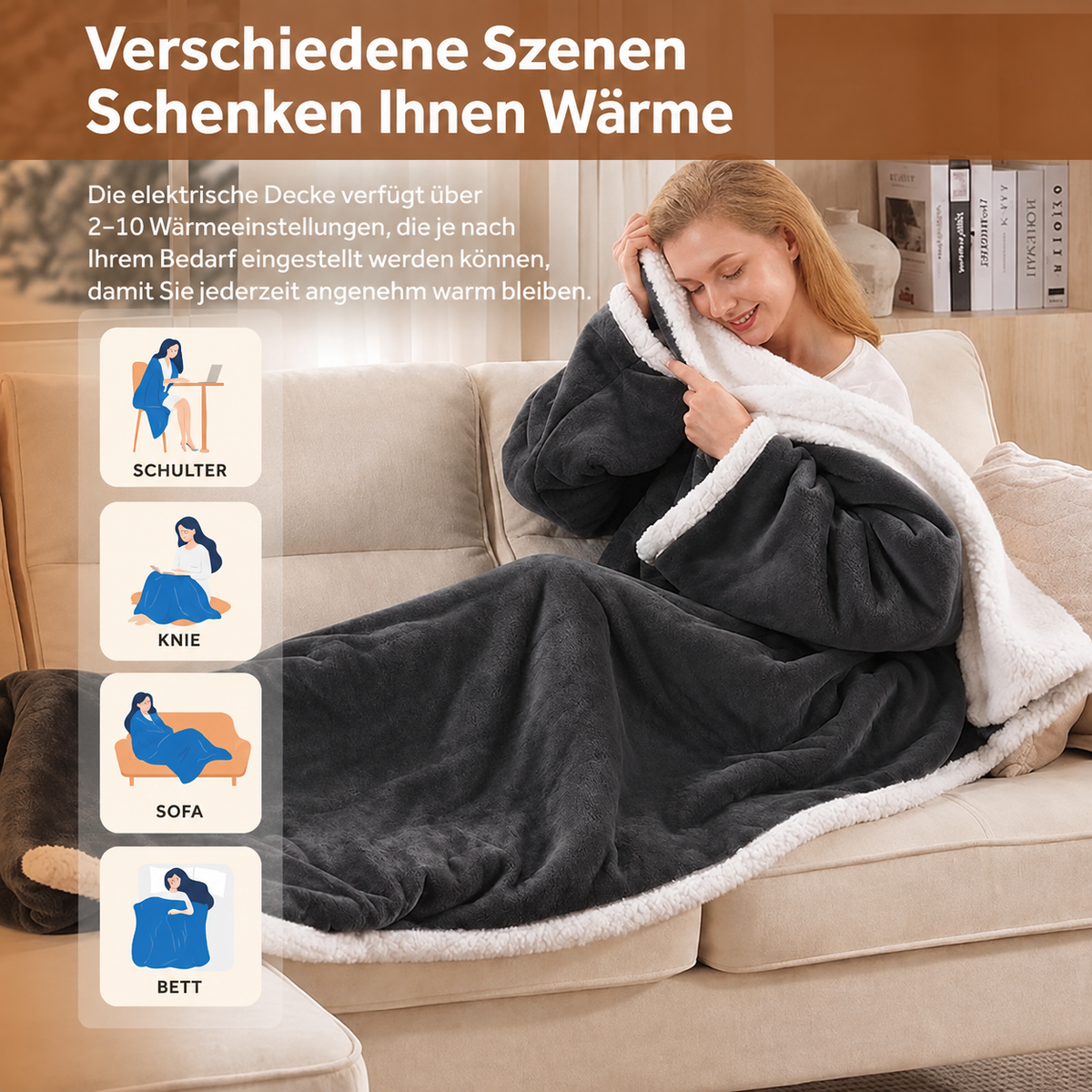 🔥 Beheizbare Kuscheldecke mit Fußtasche & Sherpa | Überhitzungsschutz & Abschaltautomatik