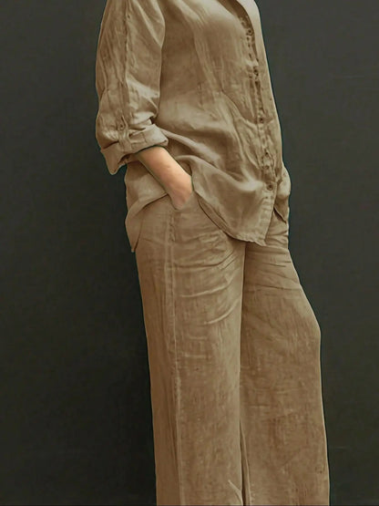 Women's Solid Long Sleeve Shirt & Wide Leg Pants Set