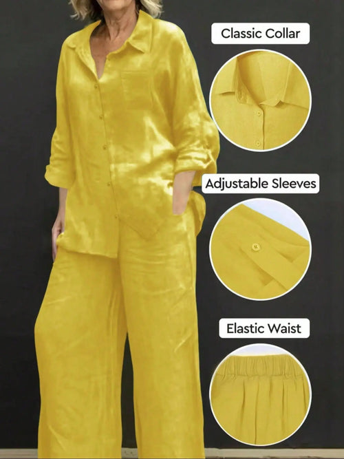 Women's Solid Long Sleeve Shirt & Wide Leg Pants Set