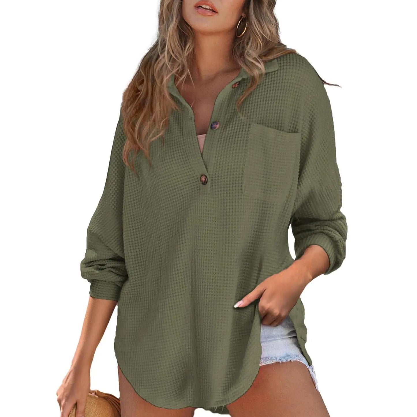 💥Last Day🔥Women's Oversized Waffle Henley Shirt Button V-Neck Long Sleeve Mesh Knit Tunic Blouse