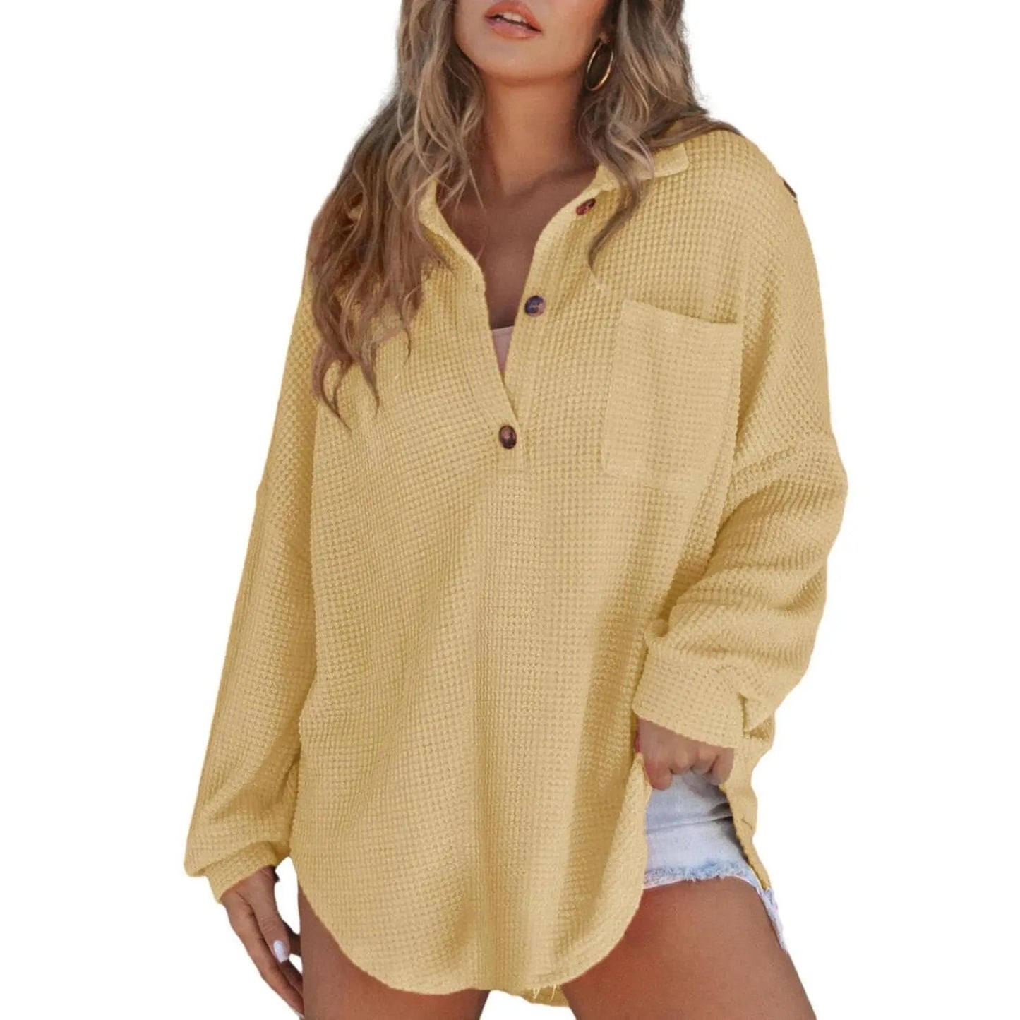 💥Last Day🔥Women's Oversized Waffle Henley Shirt Button V-Neck Long Sleeve Mesh Knit Tunic Blouse