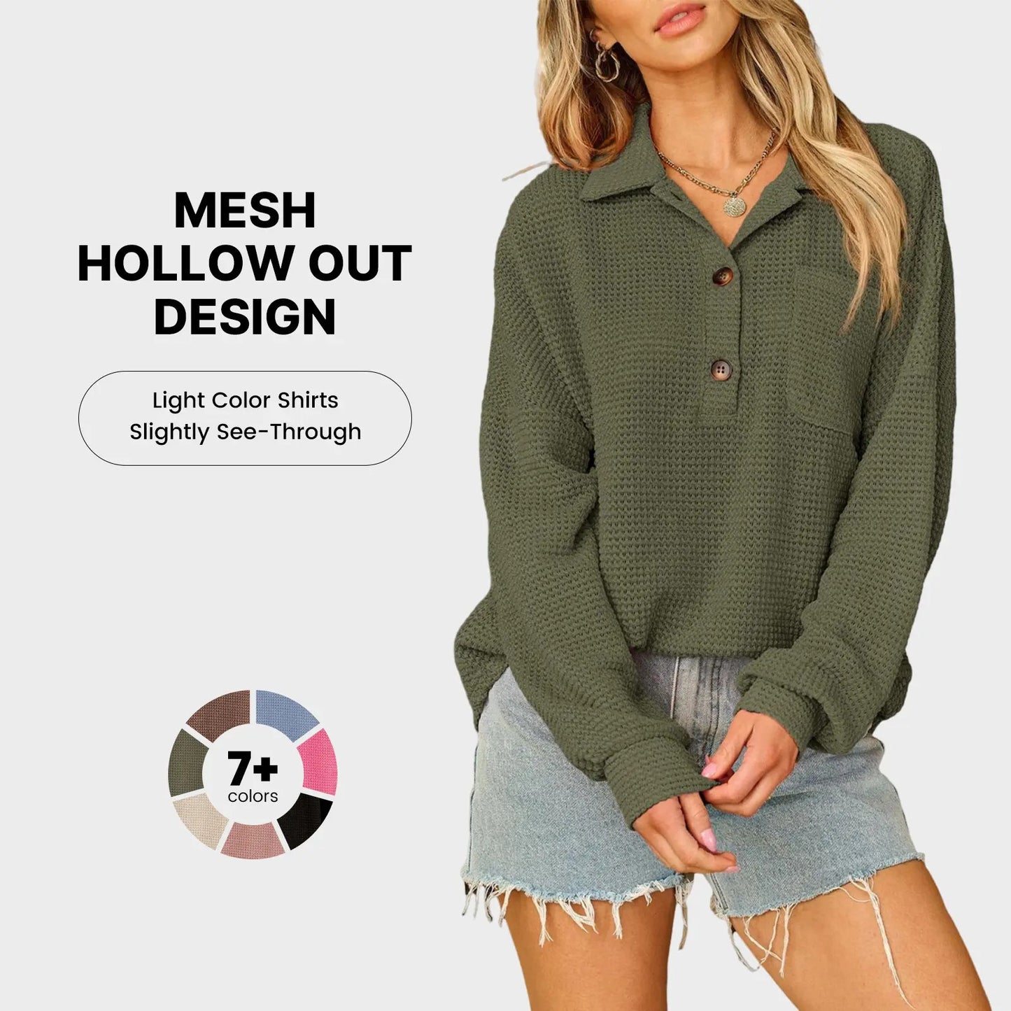 💥Last Day🔥Women's Oversized Waffle Henley Shirt Button V-Neck Long Sleeve Mesh Knit Tunic Blouse