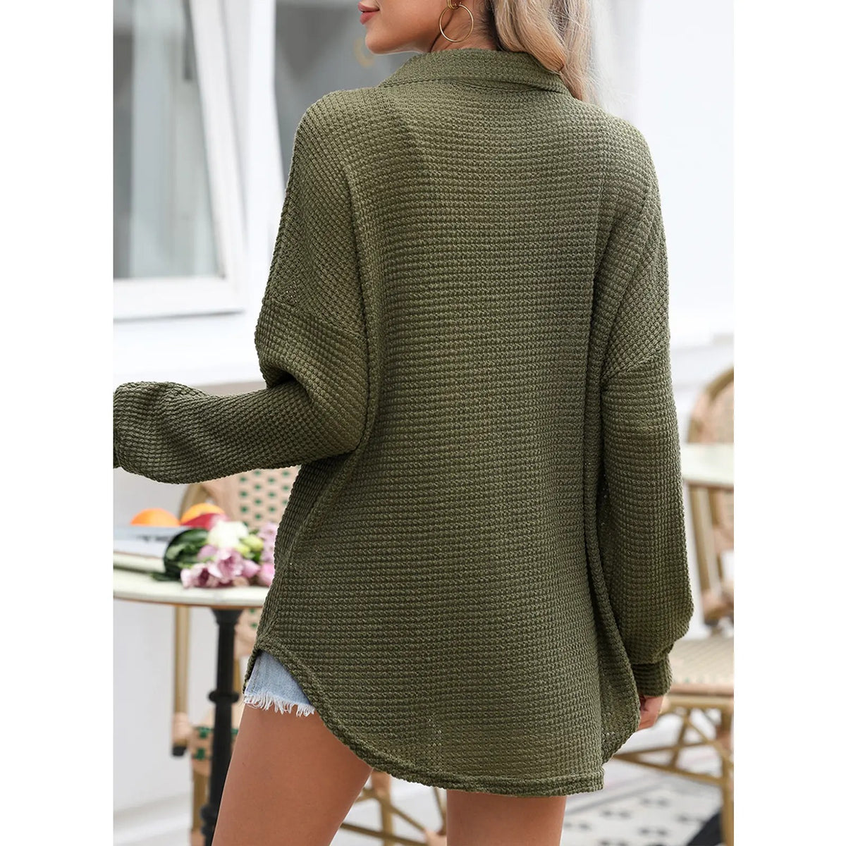 💥Last Day🔥Women's Oversized Waffle Henley Shirt Button V-Neck Long Sleeve Mesh Knit Tunic Blouse