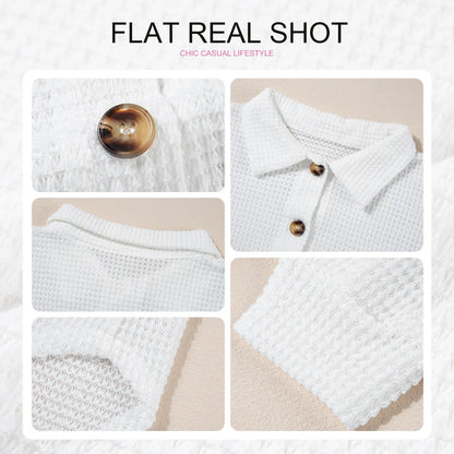 💥Last Day🔥Women's Oversized Waffle Henley Shirt Button V-Neck Long Sleeve Mesh Knit Tunic Blouse