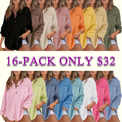💥Last Day🔥Women's Oversized Waffle Henley Shirt Button V-Neck Long Sleeve Mesh Knit Tunic Blouse