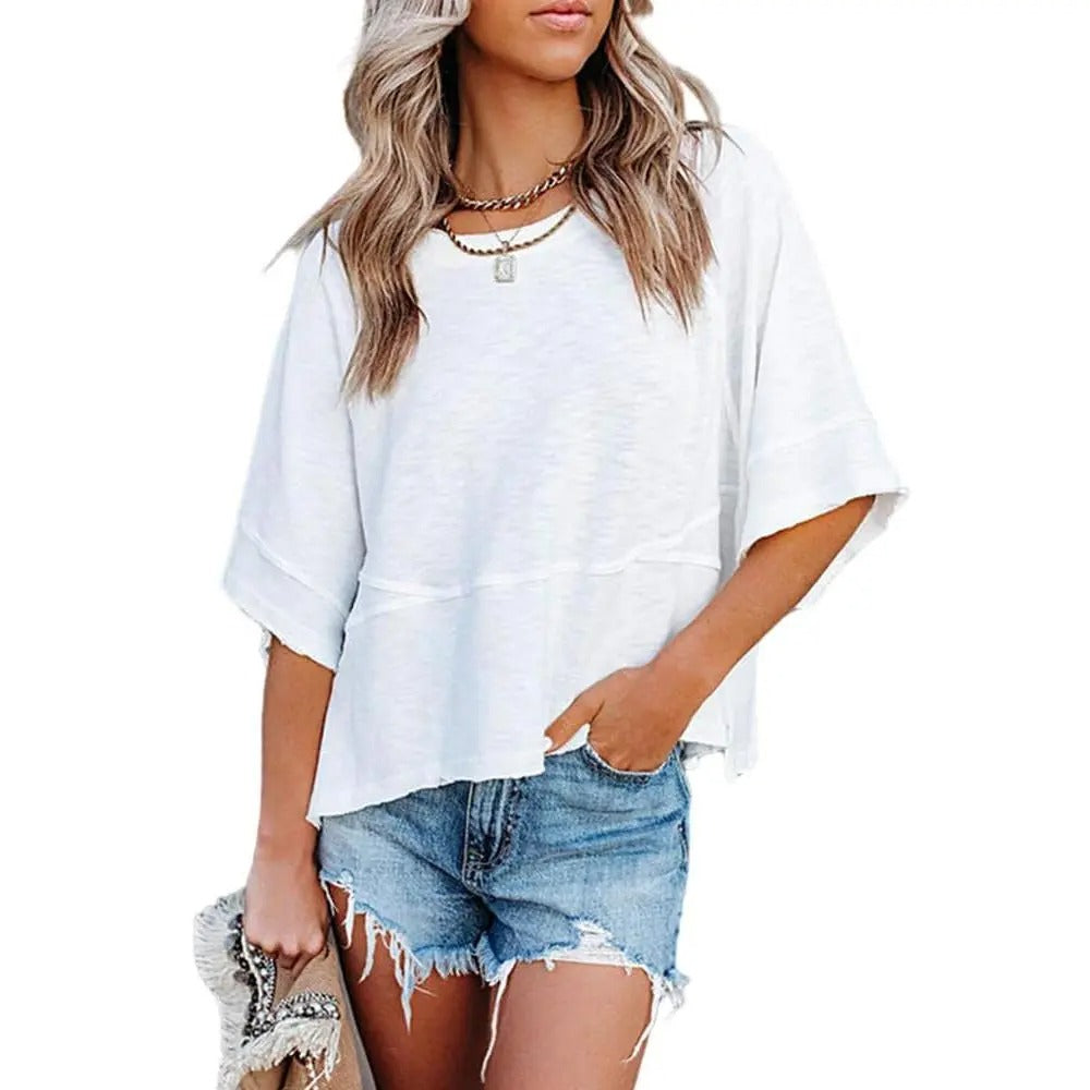 Women's Summer Casual Crewneck Batwing Half-Sleeve Oversized Tshirt - Loose Fit