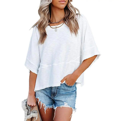 Women's Summer Casual Crewneck Batwing Half-Sleeve Oversized Tshirt - Loose Fit