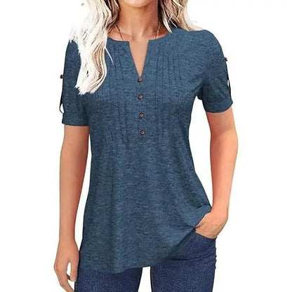 Women’s V Neck T Shirt – Casual Pleated Button Top, Loose Fit Short Sleeve Summer Tee