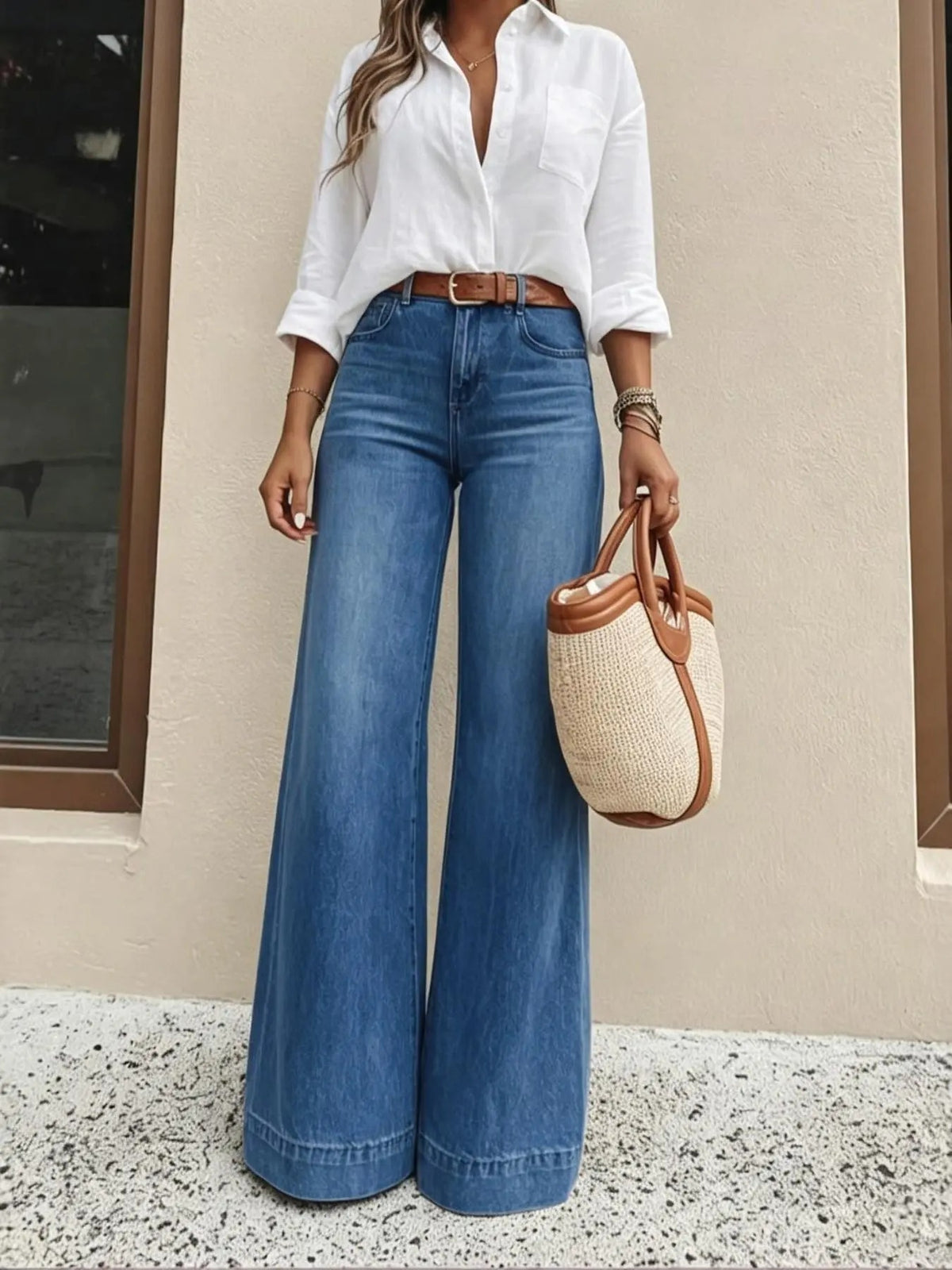 Women's Elastic Loose Fit Jeans, High Waist Slimming, Casual Style, Plain Surface, All Seasons