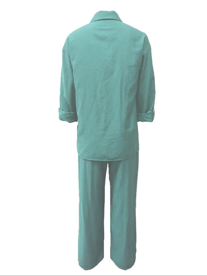Women's Solid Long Sleeve Shirt & Wide Leg Pants Set