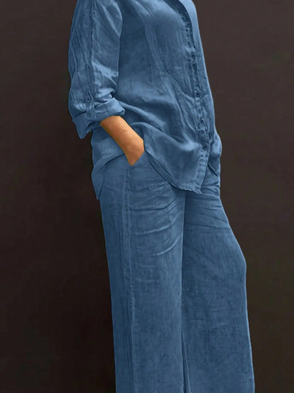 Women's Solid Long Sleeve Shirt & Wide Leg Pants Set