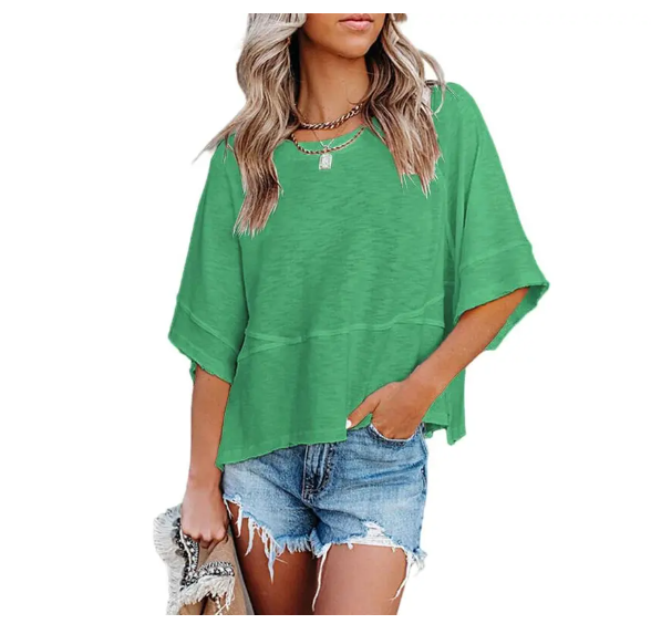Women's Summer Casual Crewneck Batwing Half-Sleeve Oversized Tshirt - Loose Fit