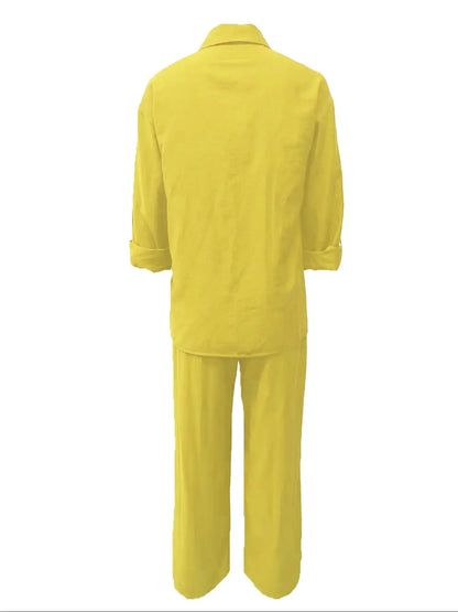 Women's Solid Long Sleeve Shirt & Wide Leg Pants Set