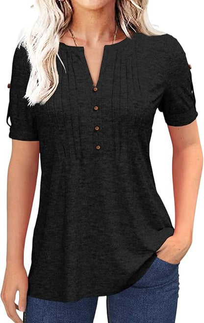 Women’s V Neck T Shirt – Casual Pleated Button Top, Loose Fit Short Sleeve Summer Tee