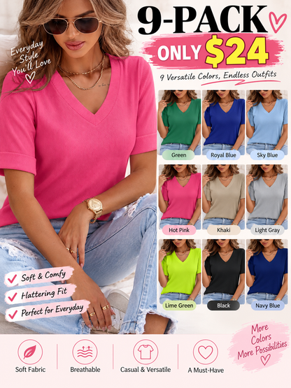 Plus Size Solid V-Neck Roll Up Sleeve Tee Dark Blue 5XL