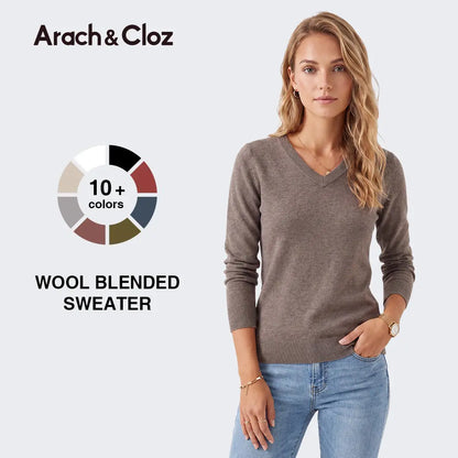 Arach&Cloz Women's Wool Blend V Neck Sweater