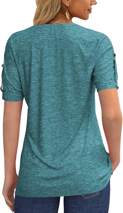 Women’s V Neck T Shirt – Casual Pleated Button Top, Loose Fit Short Sleeve Summer Tee