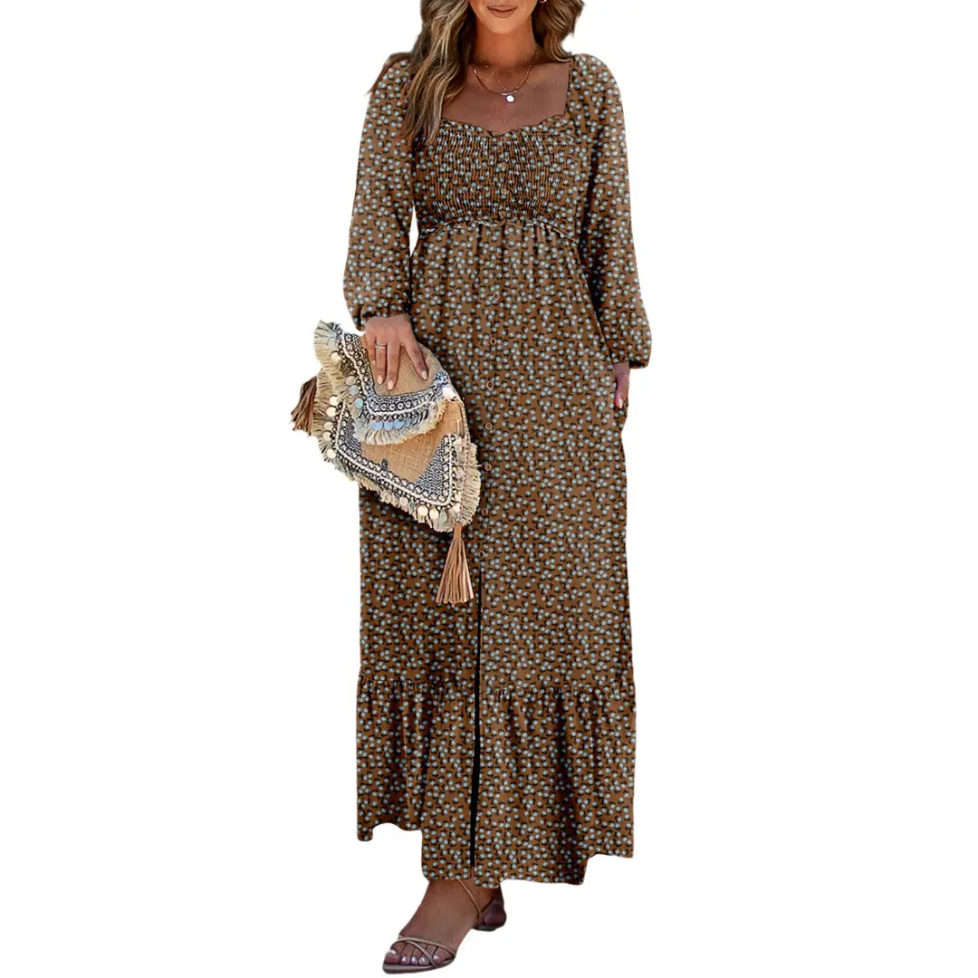 Dokotoo Womens Boho Floral  Dress with Smocked Empire Waist and Long Sleeves