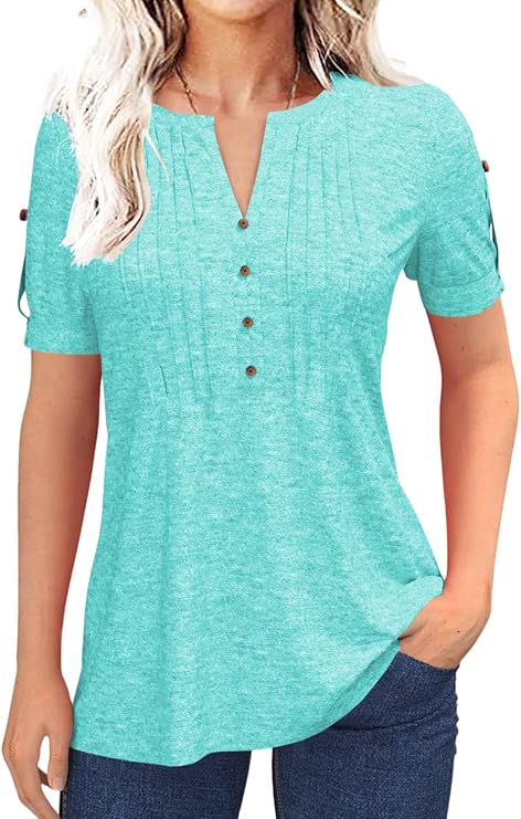 Women’s V Neck T Shirt – Casual Pleated Button Top, Loose Fit Short Sleeve Summer Tee