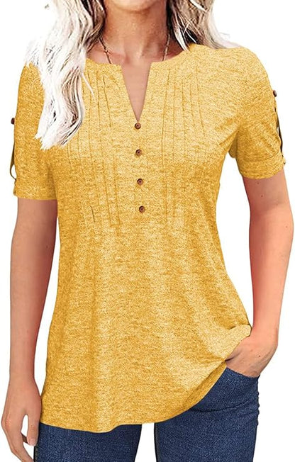 Women’s V Neck T Shirt – Casual Pleated Button Top, Loose Fit Short Sleeve Summer Tee
