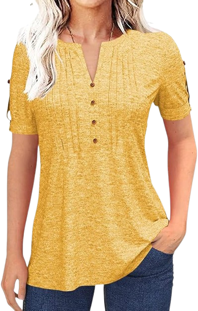 Women’s V Neck T Shirt – Casual Pleated Button Top, Loose Fit Short Sleeve Summer Tee