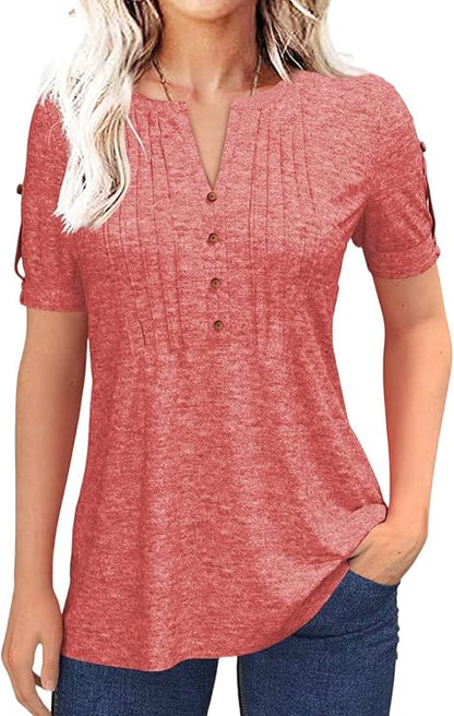 Women’s V Neck T Shirt – Casual Pleated Button Top, Loose Fit Short Sleeve Summer Tee