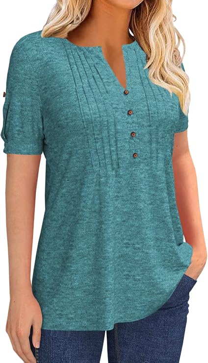 Women’s V Neck T Shirt – Casual Pleated Button Top, Loose Fit Short Sleeve Summer Tee