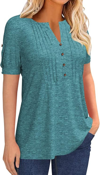 Women’s V Neck T Shirt – Casual Pleated Button Top, Loose Fit Short Sleeve Summer Tee