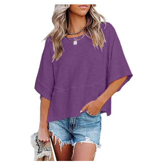 Women's Summer Casual Crewneck Batwing Half-Sleeve Oversized Tshirt - Loose Fit