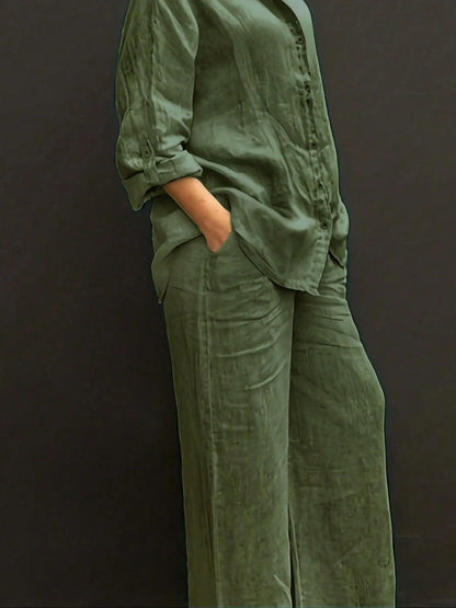 Women's Solid Long Sleeve Shirt & Wide Leg Pants Set