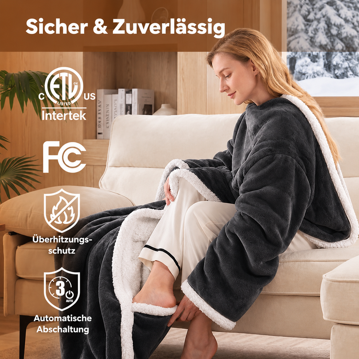 🔥 Beheizbare Kuscheldecke mit Fußtasche & Sherpa | Überhitzungsschutz & Abschaltautomatik