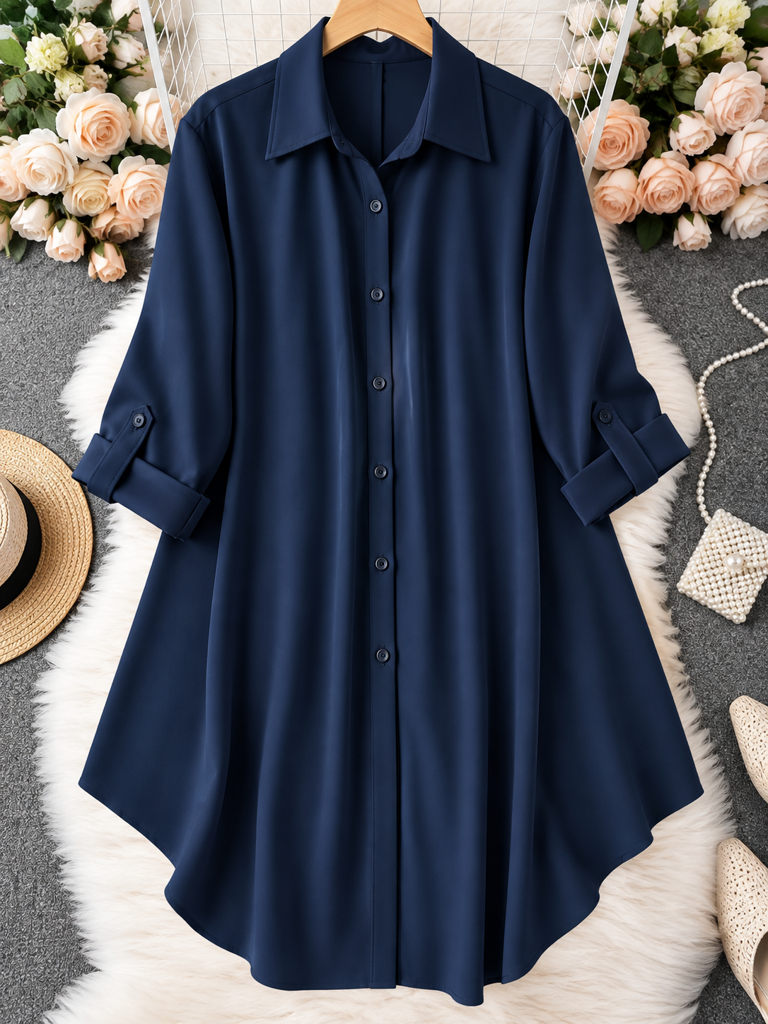 Plus-Size Solid Long Sleeve Button Up Blouse for Spring & Fall