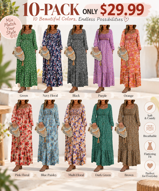 Womens Boho Floral  Dress with Smocked Empire Waist and Long Sleeves