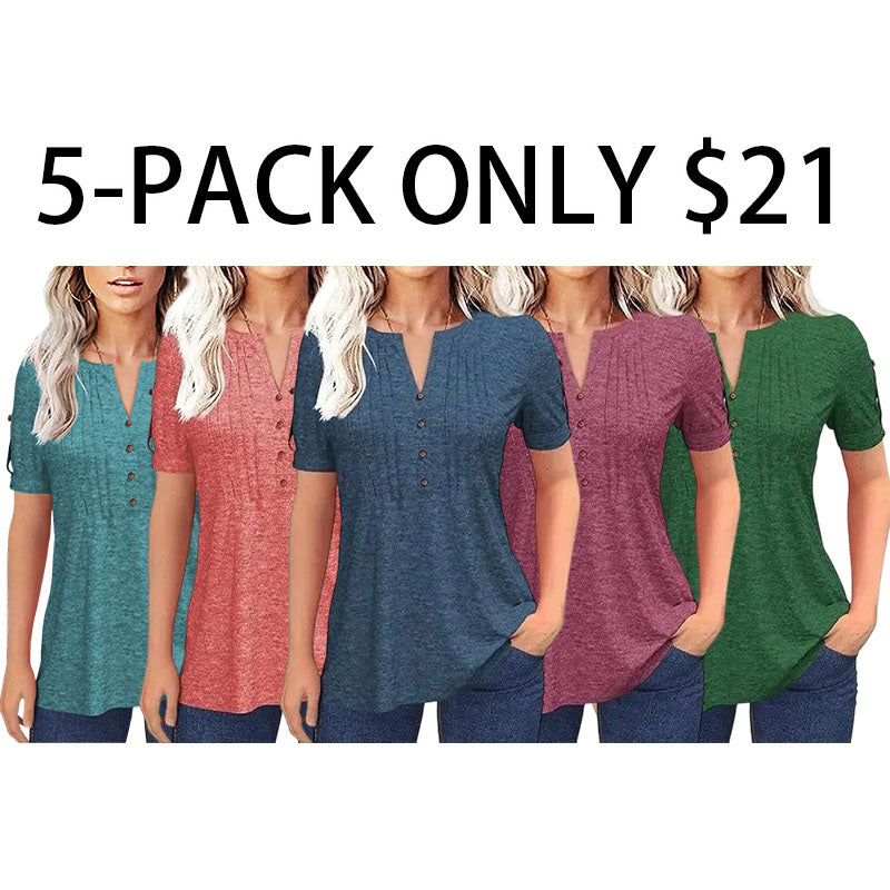 Women’s V Neck T Shirt – Casual Pleated Button Top, Loose Fit Short Sleeve Summer Tee