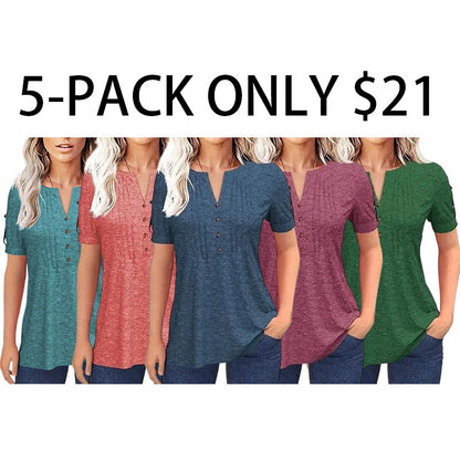 Women’s V Neck T Shirt – Casual Pleated Button Top, Loose Fit Short Sleeve Summer Tee