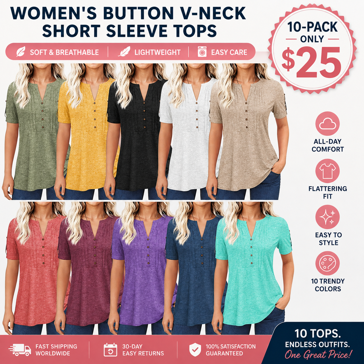 Women’s V Neck T Shirt – Casual Pleated Button Top, Loose Fit Short Sleeve Summer Tee