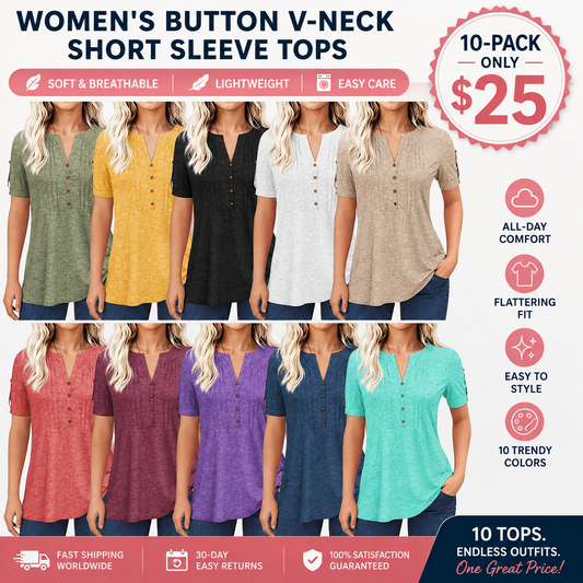 Women’s V Neck T Shirt – Casual Pleated Button Top, Loose Fit Short Sleeve Summer Tee