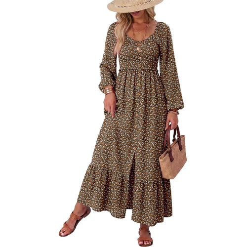 Dokotoo Womens Boho Floral  Dress with Smocked Empire Waist and Long Sleeves
