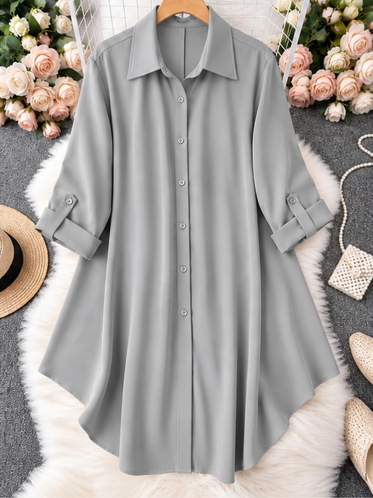 Plus-Size Solid Long Sleeve Button Up Blouse for Spring & Fall