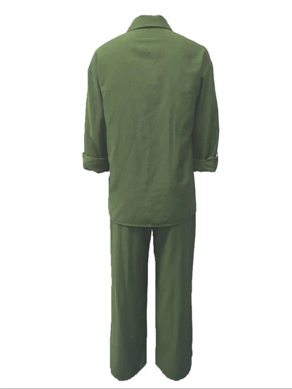 Women's Solid Long Sleeve Shirt & Wide Leg Pants Set