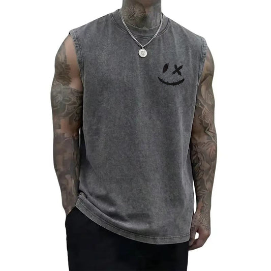 Men's Sleeveless Fitness Tank Top – Washed-Finish Graphic Tee with Smiley Print