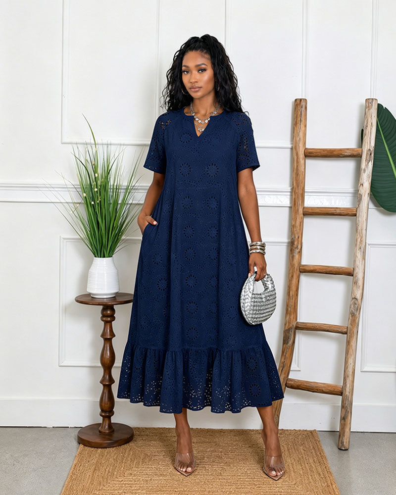 Women's V-Neck Cotton Eyelet Midi Dress