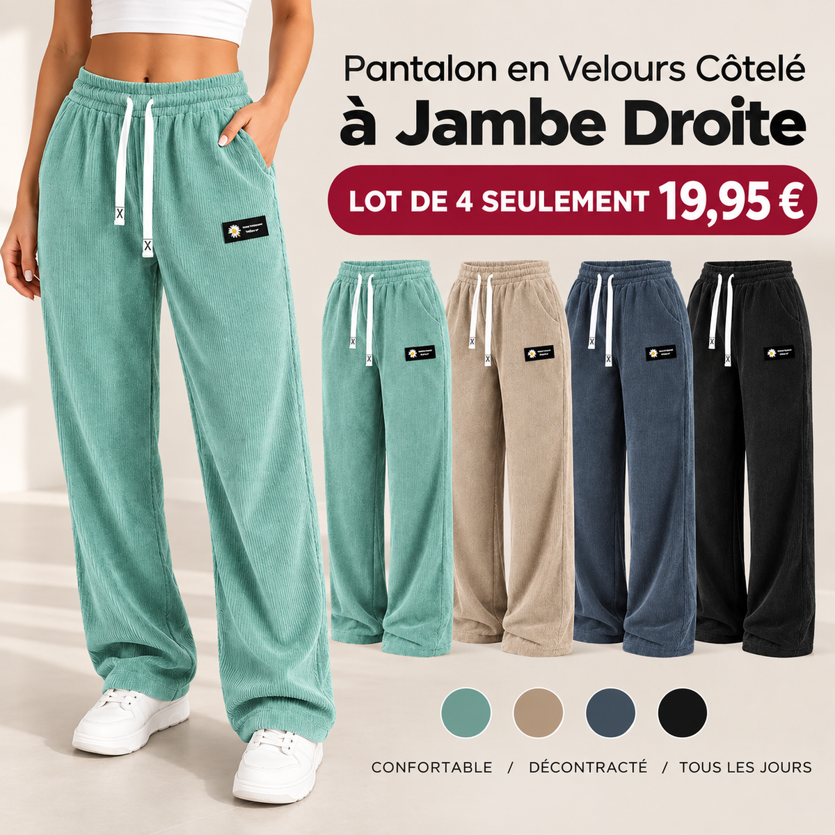 Best-seller 🏆 Pantalon en velours côtelé uni pour femme à coupe droite