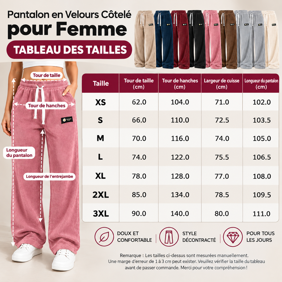 Best-seller 🏆 Pantalon en velours côtelé uni pour femme à coupe droite